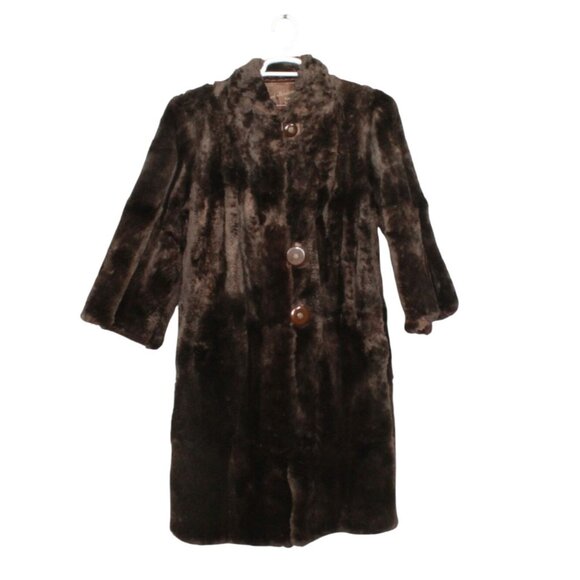 Vintage Lyford Woodward Furriers Fur Collared Lined Long Coat Brown Small - Picture 1 of 11